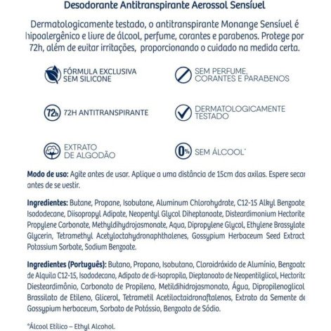 Desodorante Antitranspirante Aerosol Monange Sensível 72h 150ml Desodorante Antitranspirante Aerosol Monange Sensível 72h 150ml