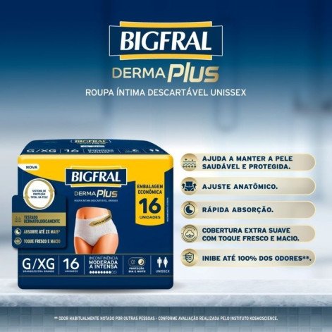 Roupa Íntima Bigfral Derma Plus G/XG Unissex 16 Unidades