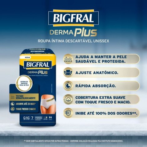Roupa Íntima Descartável Bigfral Derma Plus Unissex G/XG Absorção Moderada a Intensa 7 unidades