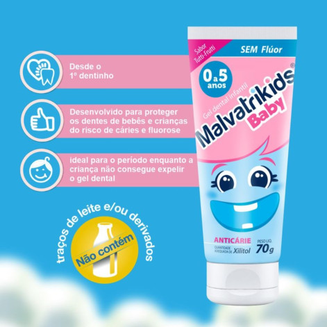 Gel Dental Infantil Malvatrikids Baby Anticárie Tutti-Frutti Sem Flúor com 70g