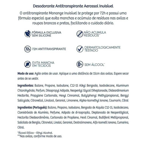 Desodorante Antitranspirante Aerosol Monange Invisible Feminino 48h 150ml Desodorante Antitranspirante Aerosol Monange Invisible Feminino 48h 150ml