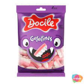 BALA DE GELATINA FRAMBOESA DENTES DE VAMPIRO DOCILE GELATINES PACOTE 80G
