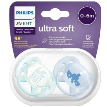 Chupeta Avent Ultra Soft 0 a 6 meses, azul, sortida com 2 unidades Chupeta Avent Ultra Soft 0 a 6 meses, azul, sortida com 2 unidades