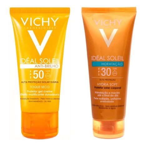 Kit Protetor Solar Vichy Ideal Solei Antibrilho FPS 50 40g Grátis Protetor Corporal Hydrasoft FPS 30 120ml Kit Protetor Solar Vichy Ideal Solei Antibrilho FPS 50 40g Grátis Protetor Corporal Hydrasoft FPS 30 120ml