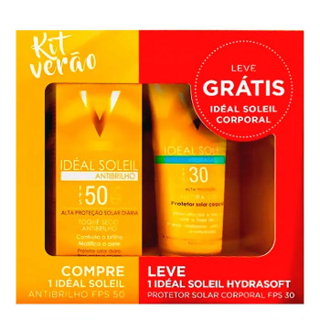 Kit Protetor Solar Vichy Ideal Solei Antibrilho FPS 50 40g Grátis Protetor Corporal Hydrasoft FPS 30 120ml