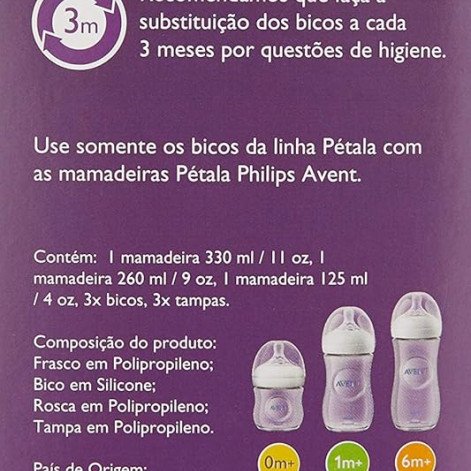 Kit Mamadeiras Philips Avent Pétala 125ml, 260ml e 330ml 3 Unidades