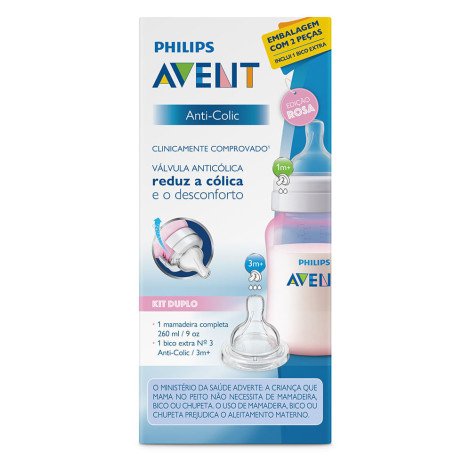 Kit Mamadeira ANTI-COLIC Avent 260ML + Bico 3 - SCD809/27 - Rosa