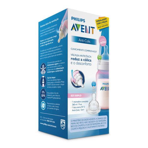 Kit Mamadeira ANTI-COLIC Avent 260ML + Bico 3 - SCD809/27 - Rosa