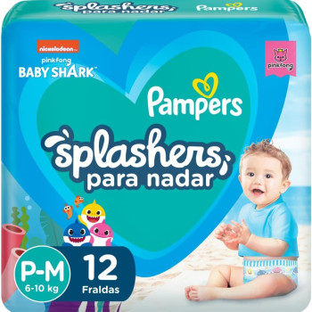 Fralda Pampers Splashers Para Nadar Baby Shark Tamanho P-M 12 Unidades