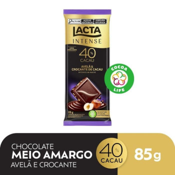 Chocolate LACTA Intense Meio Amargo 40% cacau Avelã e Crocante de Cacau 85g Chocolate LACTA Intense Meio Amargo 40% cacau Avelã e Crocante de Cacau 85g