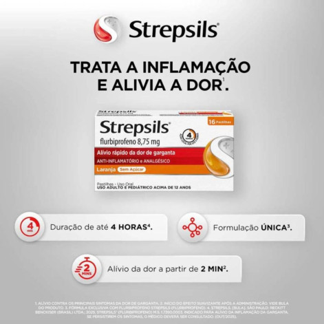 Pastilha para Garganta com Anti-inflamatório e Analgésico Strepsils Sabor Laranja Sem Açúcar - 16 unidades
