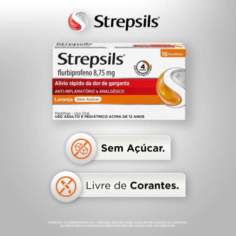 Pastilha para Garganta com Anti-inflamatório e Analgésico Strepsils Sabor Laranja Sem Açúcar - 16 unidades