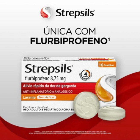 Pastilha para Garganta com Anti-inflamatório e Analgésico Strepsils Sabor Laranja Sem Açúcar - 16 unidades