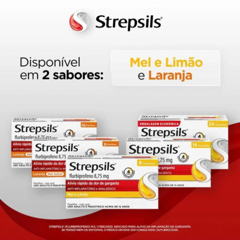 Pastilha para Garganta com Anti-inflamatório e Analgésico Strepsils Sabor Laranja Sem Açúcar - 16 unidades