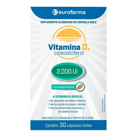 Vitamina D3 Colecalciferol 2000UI Eurofarma com 30 Cápsulas em Gel Vitamina D3 Colecalciferol 2000UI Eurofarma com 30 Cápsulas em Gel
