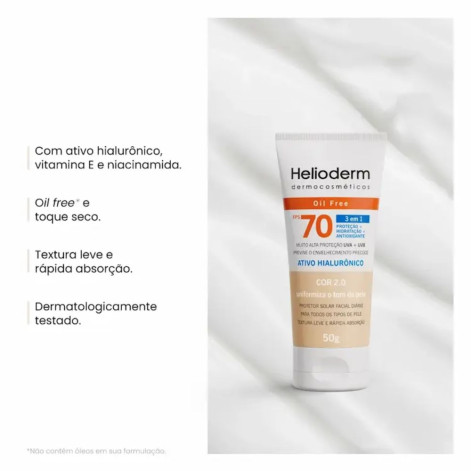 Protetor Solar Facial Helioderm FPS 70 Ativo Hialurônico Bege Claro 50g Protetor Solar Facial Helioderm FPS 70 Ativo Hialurônico Bege Claro 50g