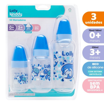 Kit de Mamadeiras Lolly Kinddy Oceano Ortodôntico Azul Kit de Mamadeiras Lolly Kinddy Oceano Ortodôntico Azul
