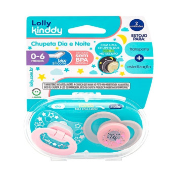 Kit Chupeta Lolly Kinddy Star Dia e Noite Rosa T1 2 Unidades