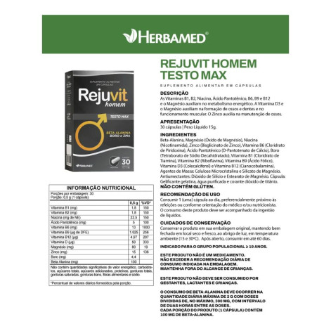 Rejuvit Homem Testo Max Suplemento Masculino Energia e Metabolismo 30 Caps Herbamed