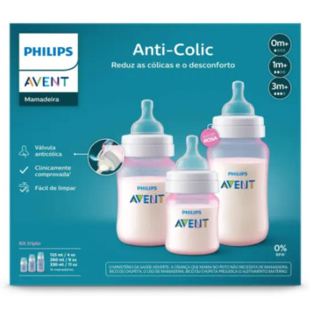 Kit 3 Mamadeiras Anti-colic Rosa 125ml 260ml 330m Philips Avent Kit 3 Mamadeiras Anti-colic Rosa 125ml 260ml 330m Philips Avent
