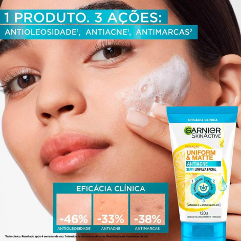 Esfoliante Garnier Uniform & Matte Antiacne 3 em 1 Limpeza Facial 120g