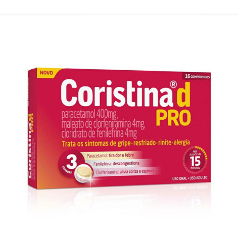 Coristina D Pro Cloridrato Fenillefrina 4mg + Paracetamol 400mg + Maleato de Clorfeniramina 4mg 16 comprimidos