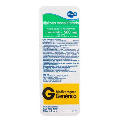 Genérico Dipirona 500Mg C/10Comp Ems Generico