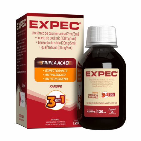 Expec Tripla Ação Oxomemazina 0,4mg/ml + Iodeto de Potássio 20mg/ml + Benzoato de Sódio 4mg/ml + Guaifenesina 6mg/ml Sabor Framboesa e Caramelo Xarope 120ml