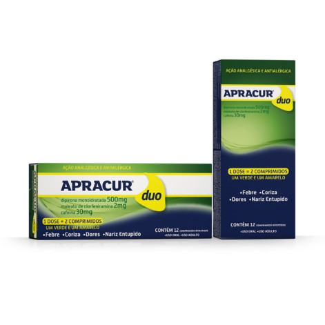 Apracur Duo Dipirona Monoidratada 500mg + Maleato de Clorfeniramina 2mg + Cafeína 30mg 12 comprimidos