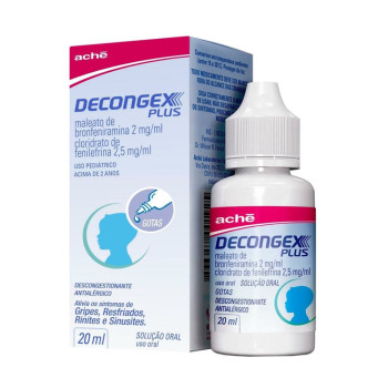 Decongex Plus 2mg/mL + 2,5mg/mL, caixa contendo 1 frasco gotejador com 20mL de solução de uso oral