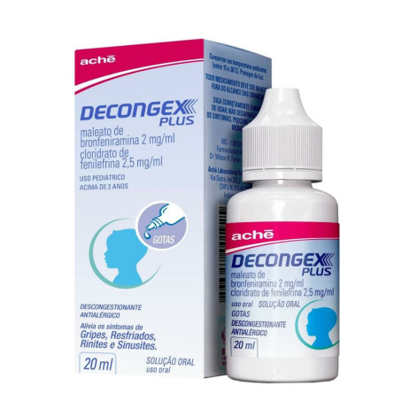Decongex Plus 2mg/mL + 2,5mg/mL, caixa contendo 1 frasco gotejador com 20mL de solução de uso oral